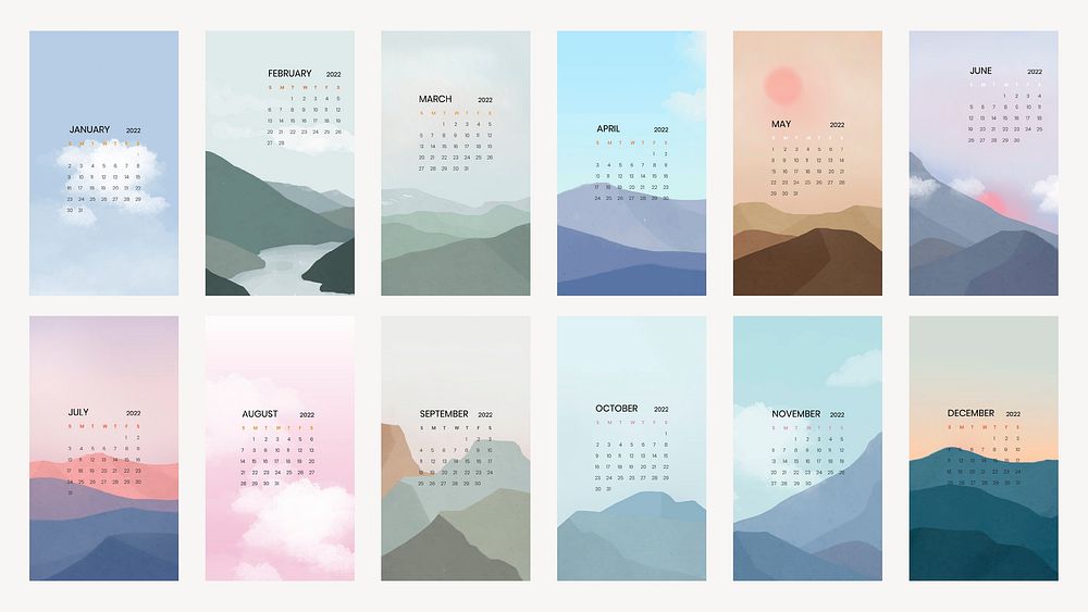 Sky & mountain yearly calendar vector in minimal Scandinavian aesthetics printable vector template set