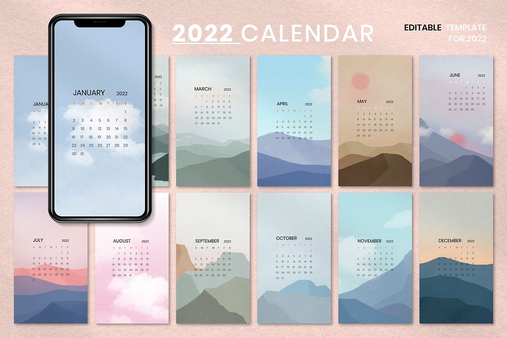 Sky & mountain yearly calendar vector iPhone wallpaper in minimal Scandinavian aesthetics printable vector template set