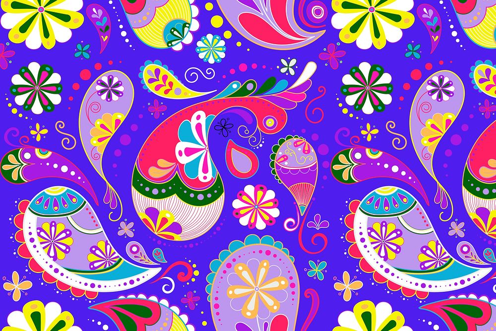 Neon paisley background, purple Indian abstract pattern vector