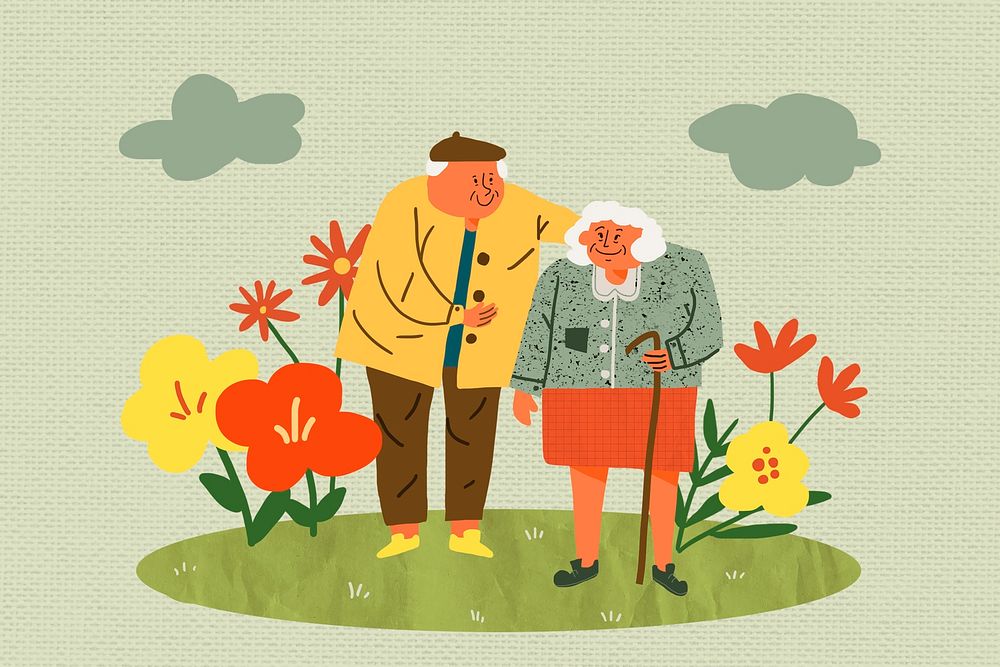 Cute senior couple walking in garden, character illustration in retro design psd