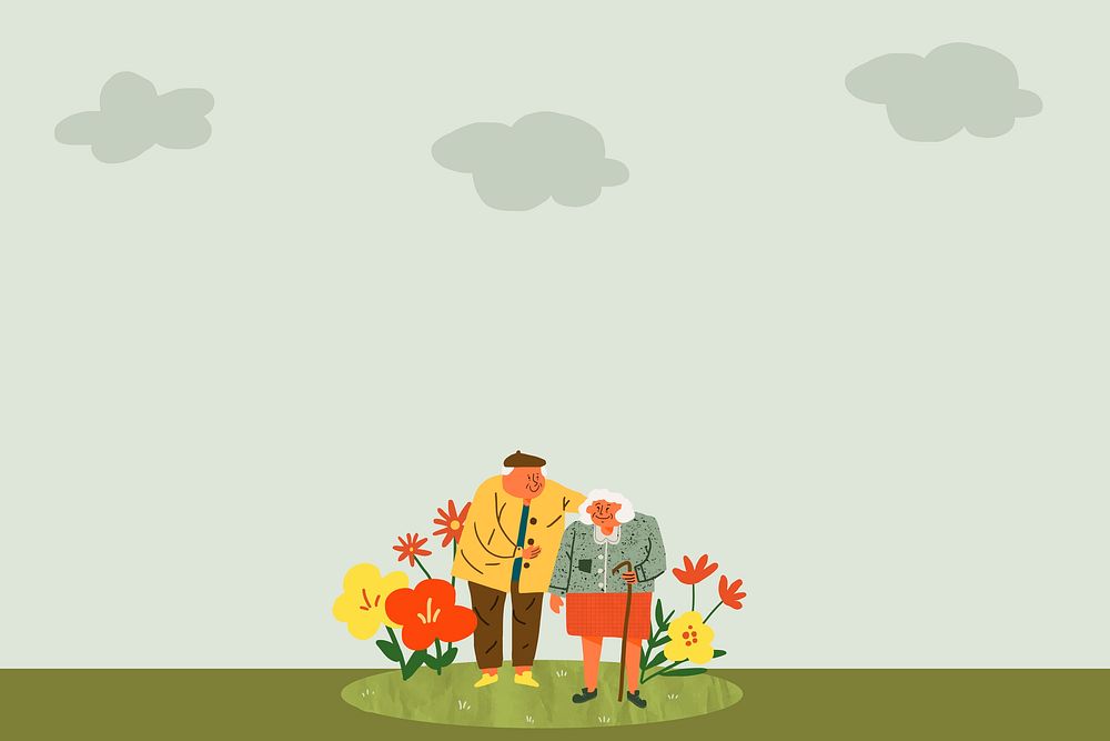 Green border background, old couple doodle with love concept vector