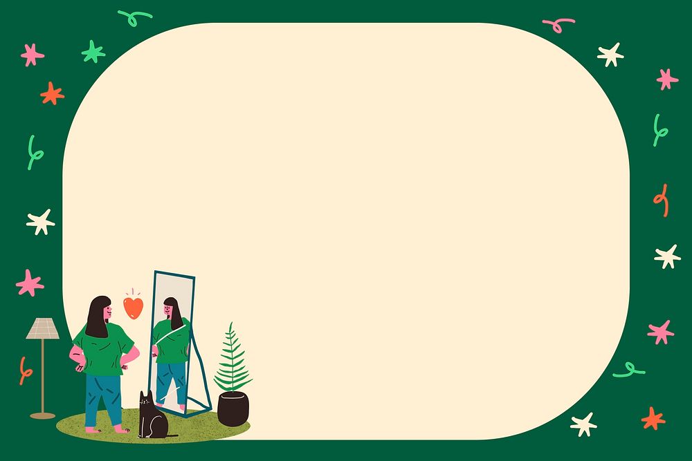 Green funky background, doodle frame with woman cartoon