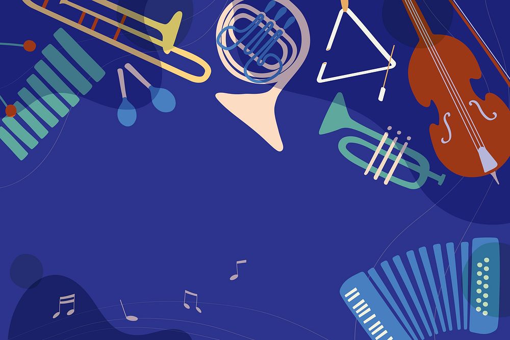Purple aesthetic background, musical instrument border in retro design vector