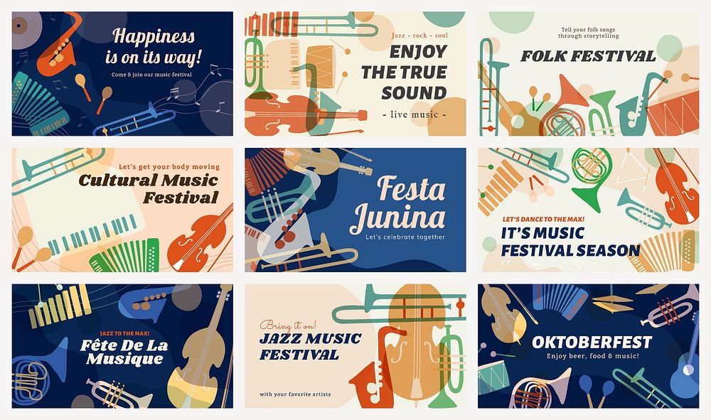 Music festival template, ad banner with retro instrument design vector collection
