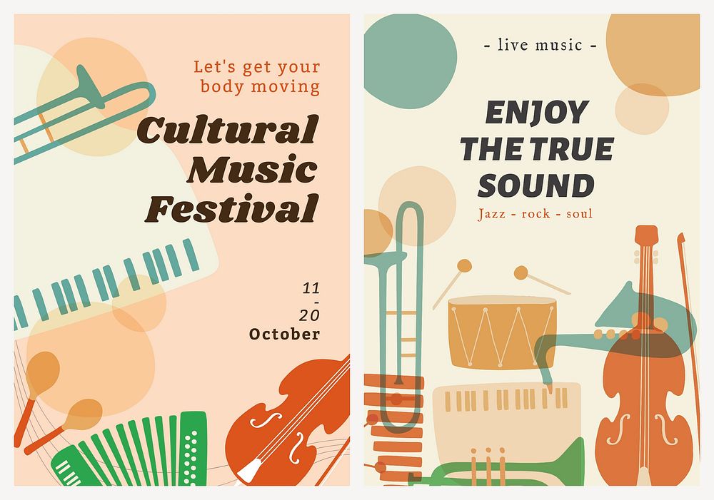 Music concert template, ad poster with retro instrument design vector dual set