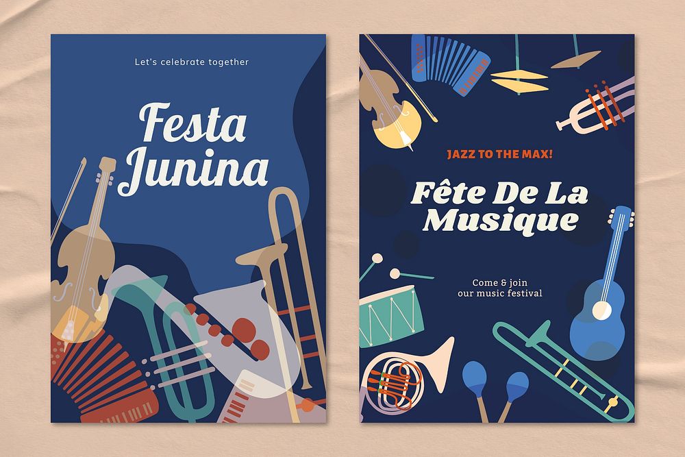 Music festival template, ad poster with retro instrument design psd dual set