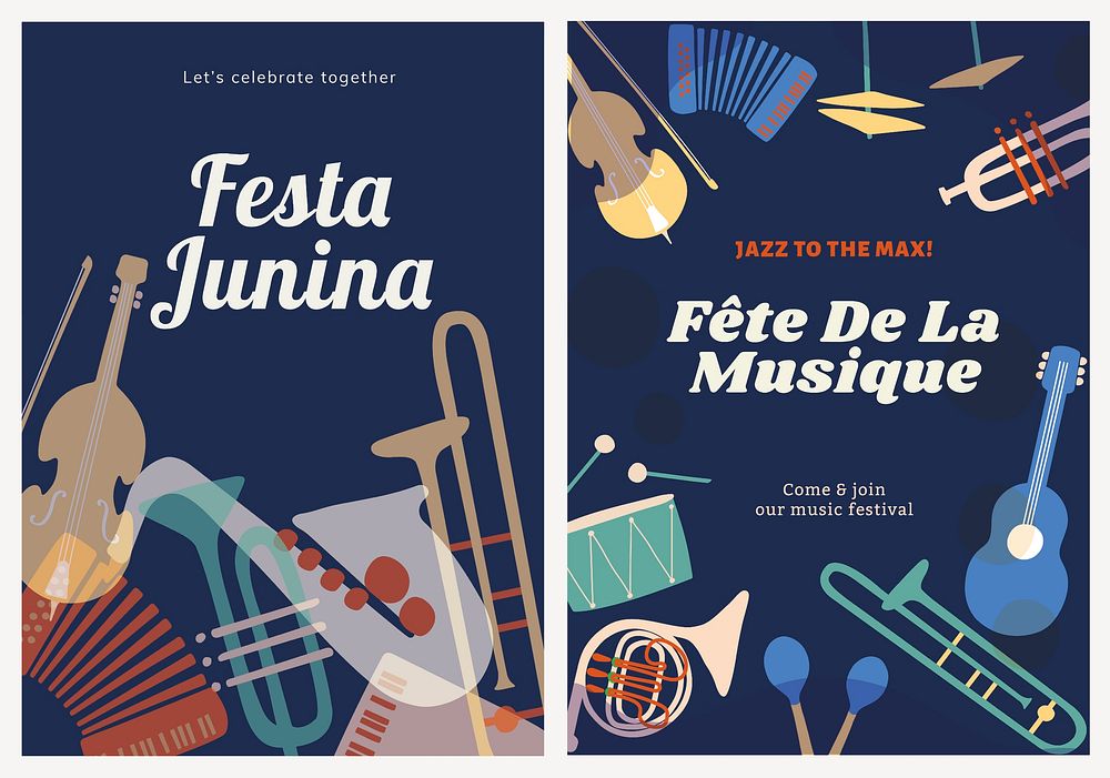 Music festival template, ad poster with retro instrument design psd dual set