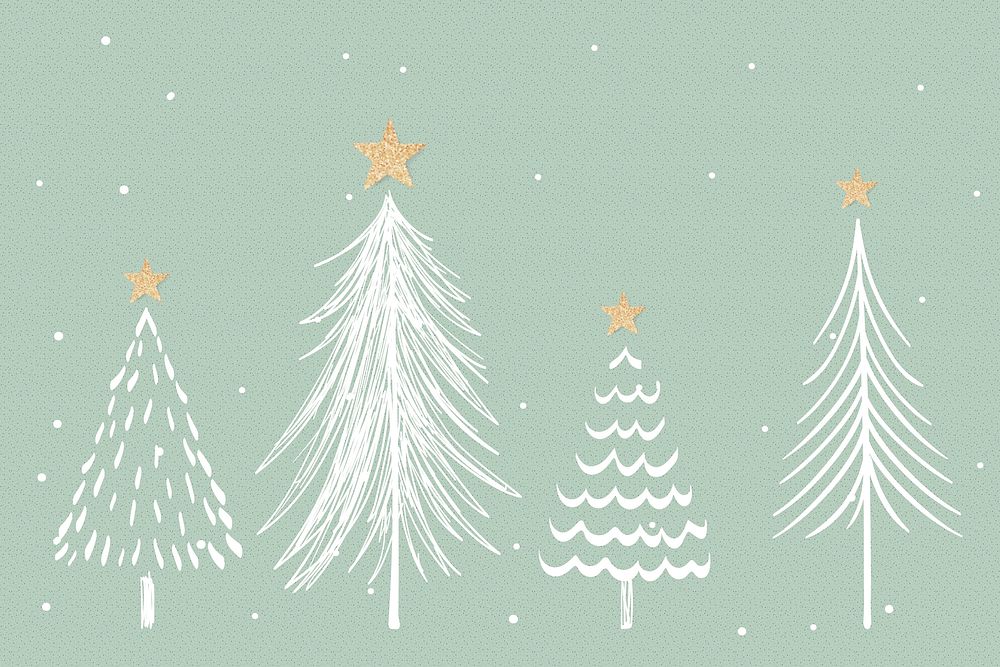 Green Christmas background, aesthetic pine trees doodle