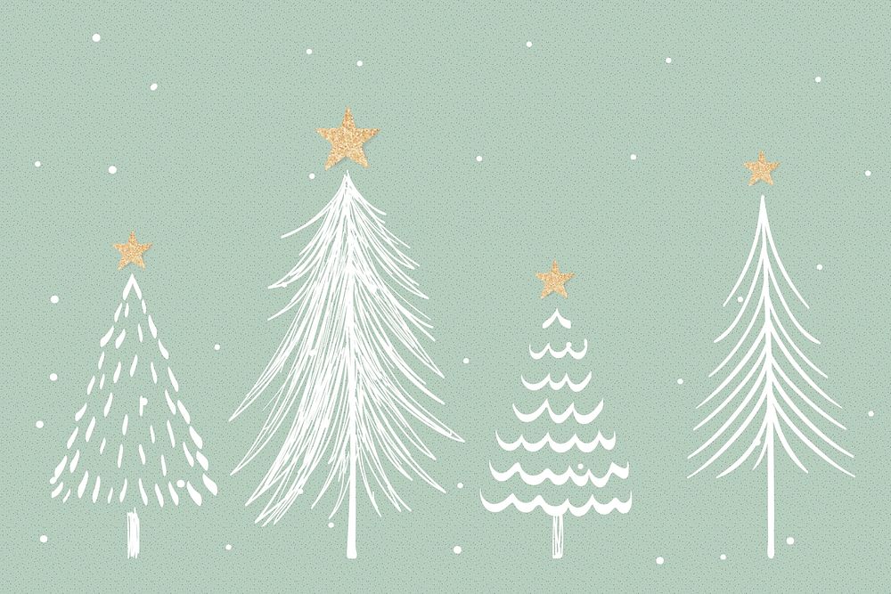 Green Christmas background, aesthetic pine trees doodle psd