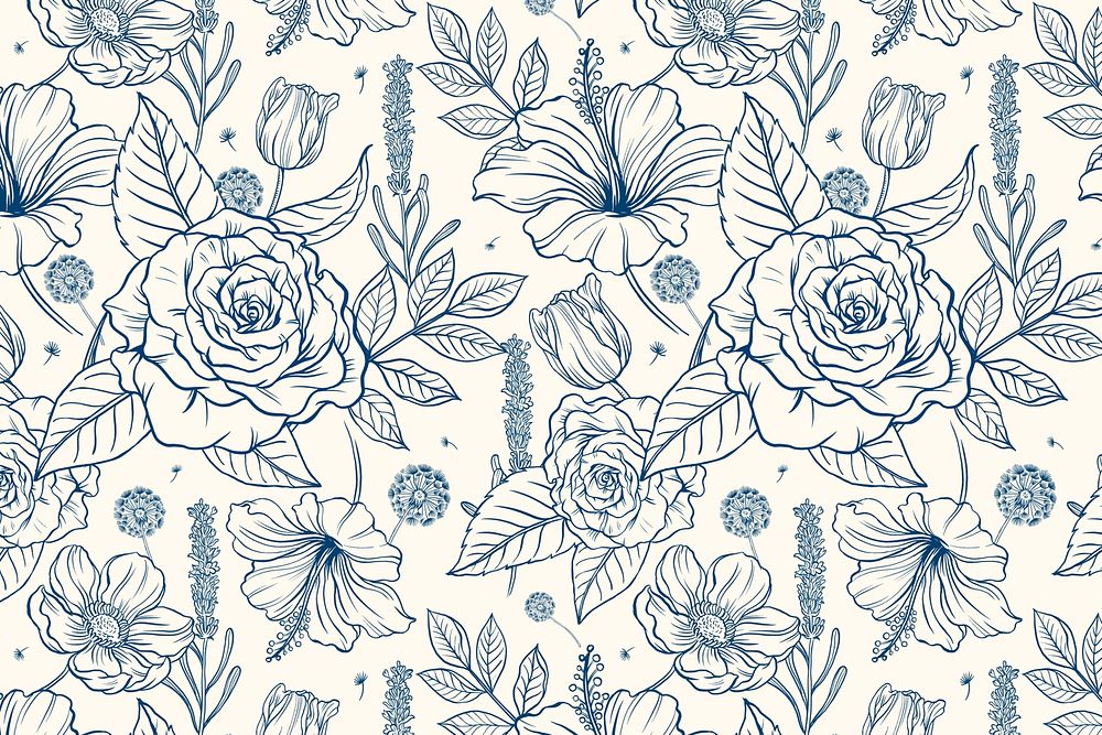 Vintage rose pattern background, blue botanical illustration psd