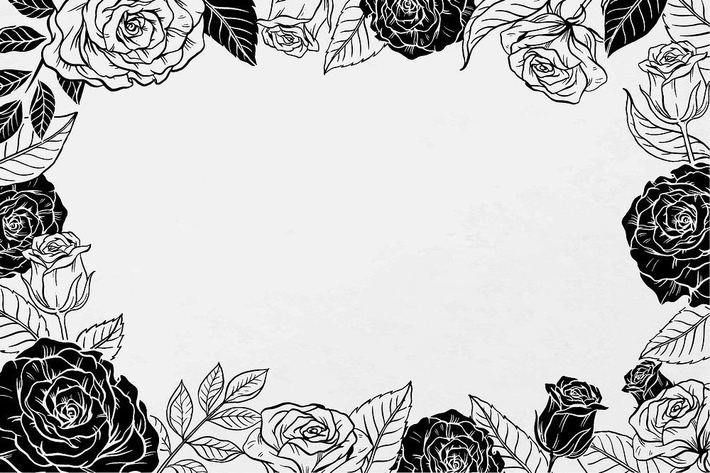 Vintage rose frame background, flower illustration in black and white vector