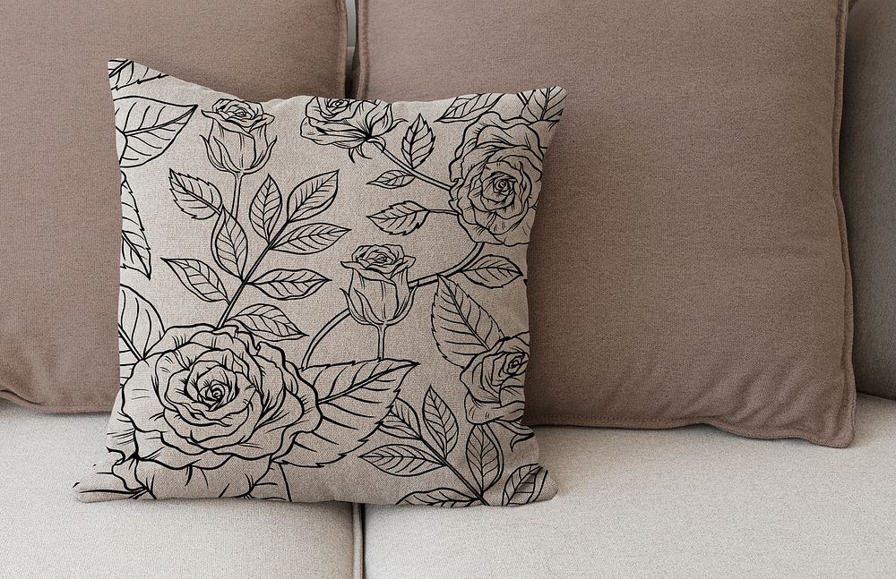 Floral cushion cover mockup, black botanical pattern, realistic psd design