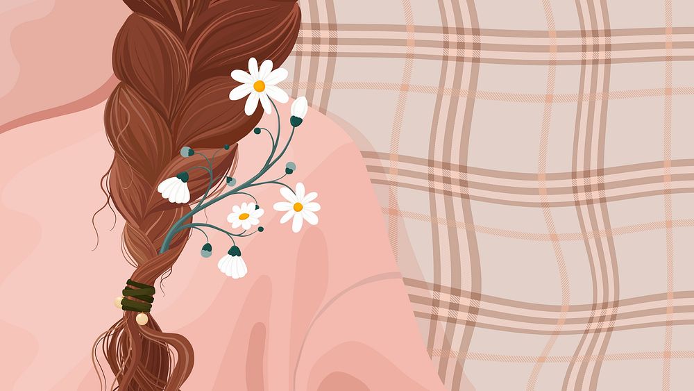 Floral braids computer wallpaper, aesthetic hairstyle illustration vector