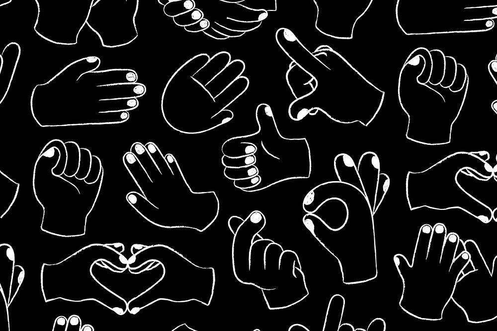 Hand sign background, doodle pattern in black and white psd