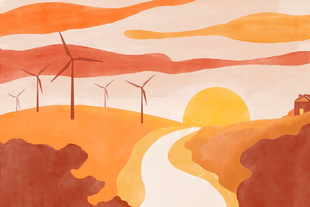 Summer background landscape watercolor hill wind turbine