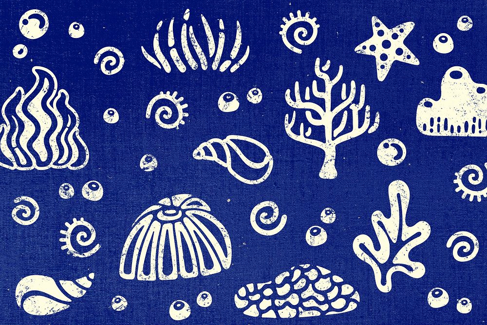 Blue coral background, cute ocean & marine life illustration
