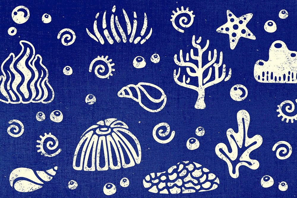 Blue coral background, cute ocean & marine life illustration psd