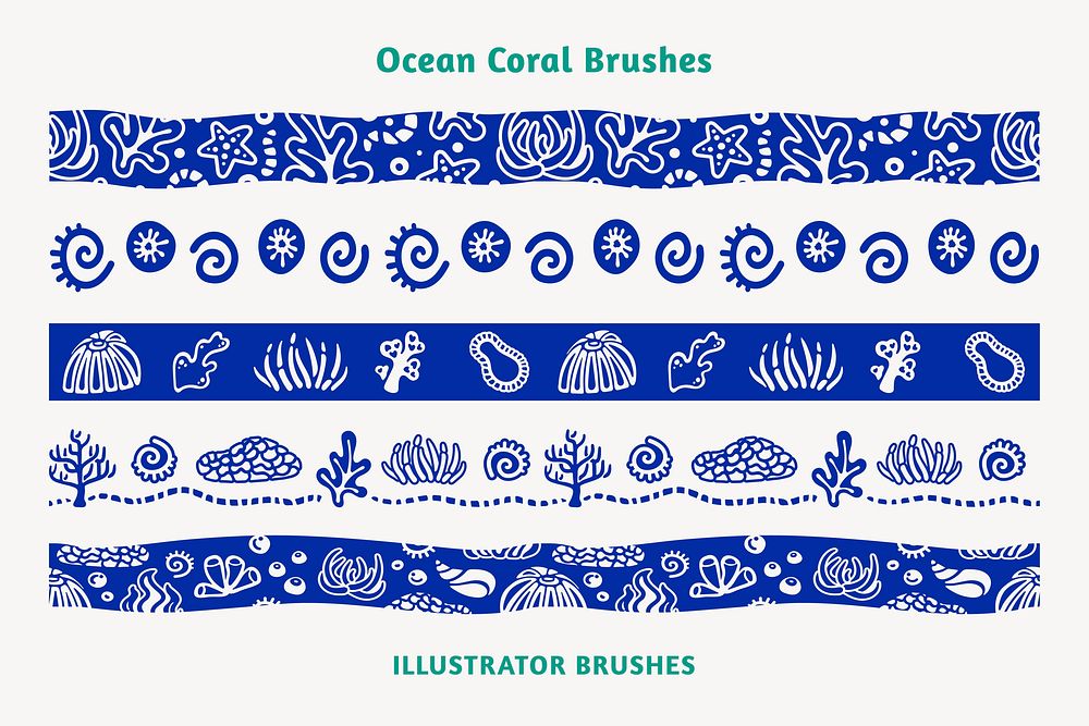 Ocean coral pattern brush, blue border vector set, compatible with AI