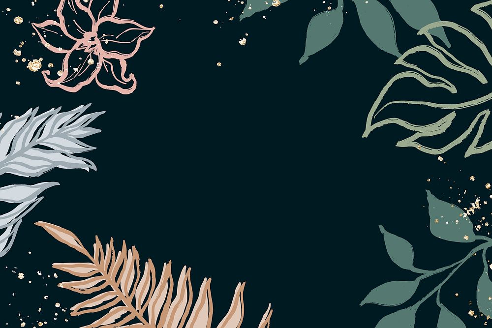 Tropical botanical black background, line art watercolor graphic design vector