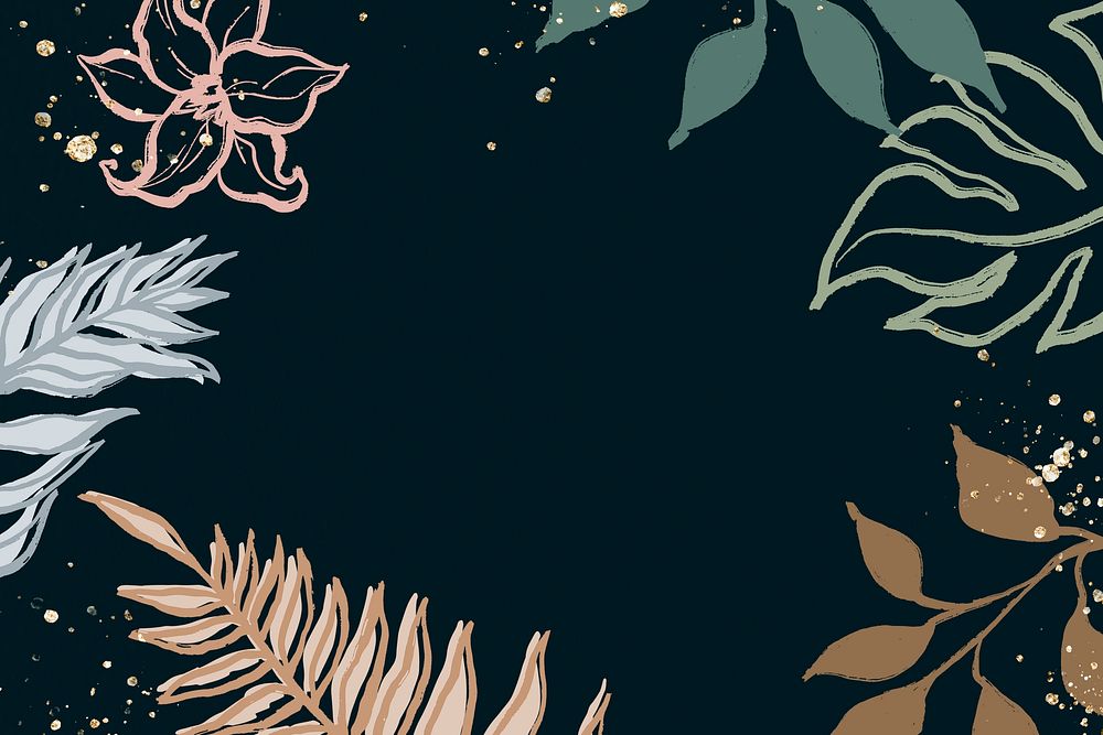 Tropical botanical black background, line art watercolor graphic design 