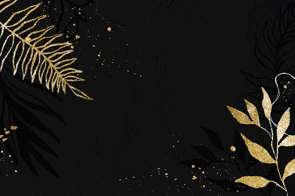 Abstract black background, gold leaf line art illustration vector