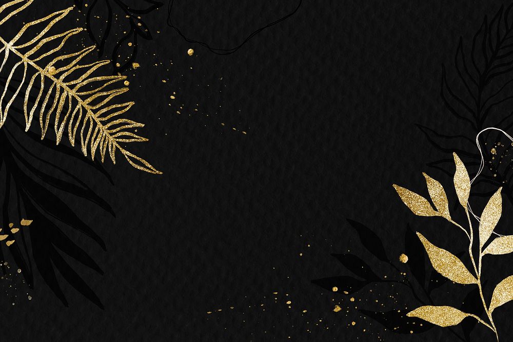 Abstract black background, gold leaf line art illustration 