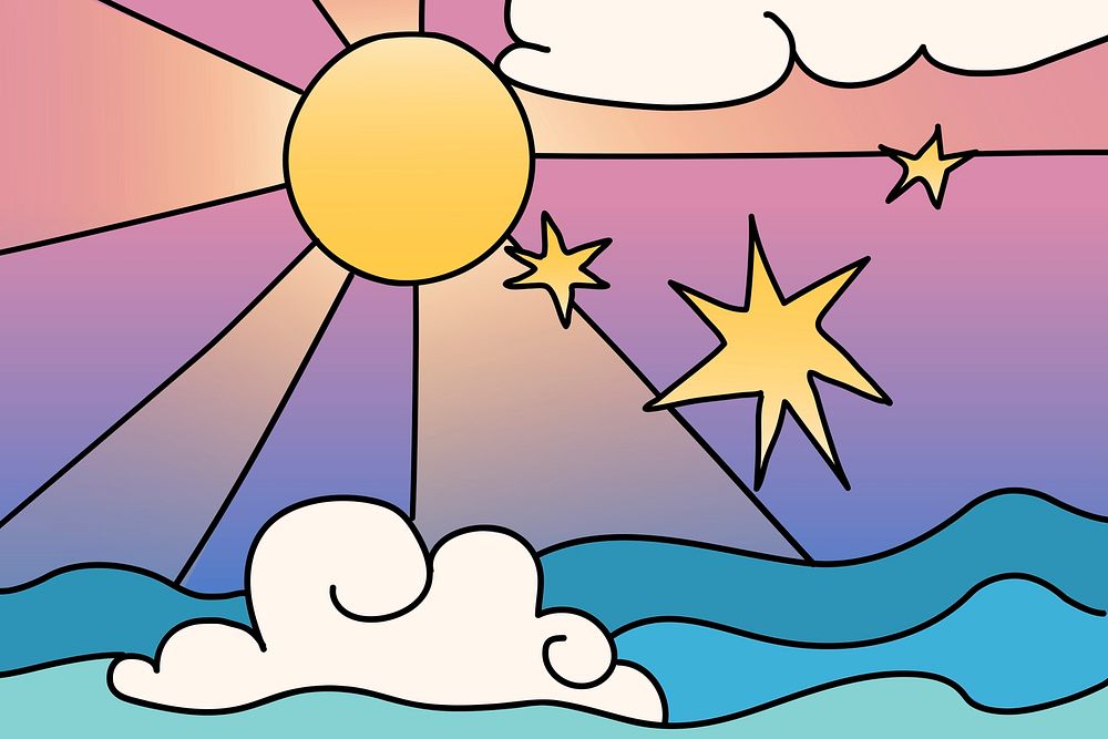 Aesthetic sunshine ocean background, doodle design illustration psd