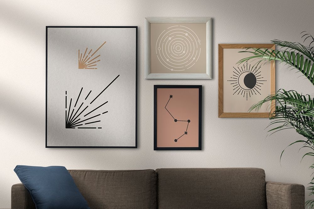 Wall frame mockup in a living room, interior design psd with mystic artworks 