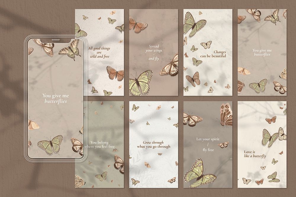 Quote mobile wallpaper template set, aesthetic butterfly pattern vector