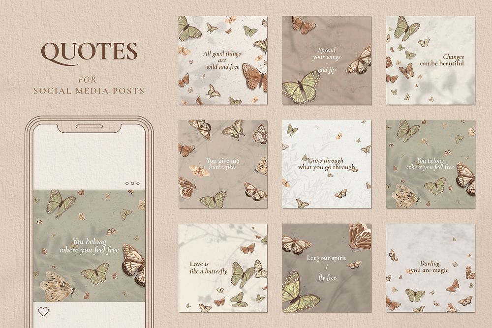 Quote social media post template set, aesthetic butterfly pattern vector