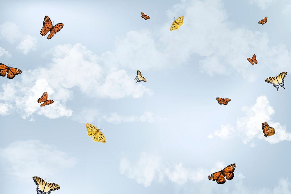 Blue sky background, aesthetic butterfly illustrations psd