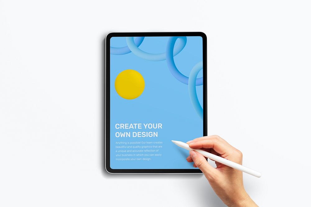 Digital tablet screen mockup, hand holding pen psd