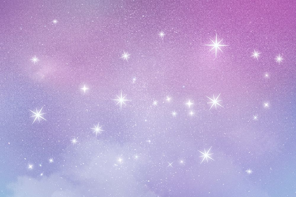 Purple sky background, aesthetic glittery design with sparkling stars psd