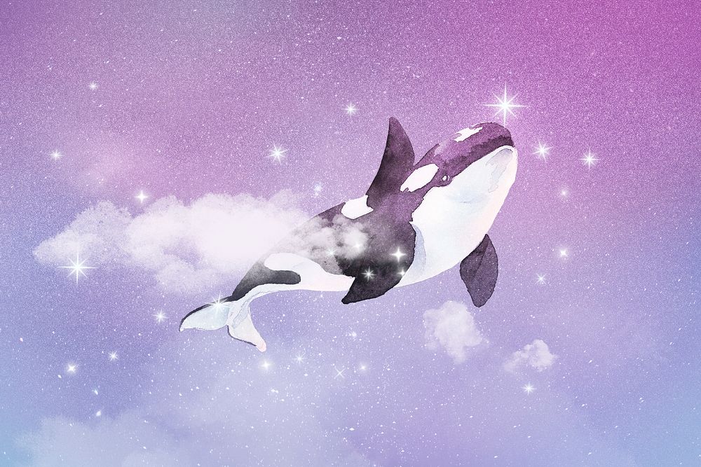 Aesthetic whale background, orca fantasy art, beautiful sparkling stars design psd