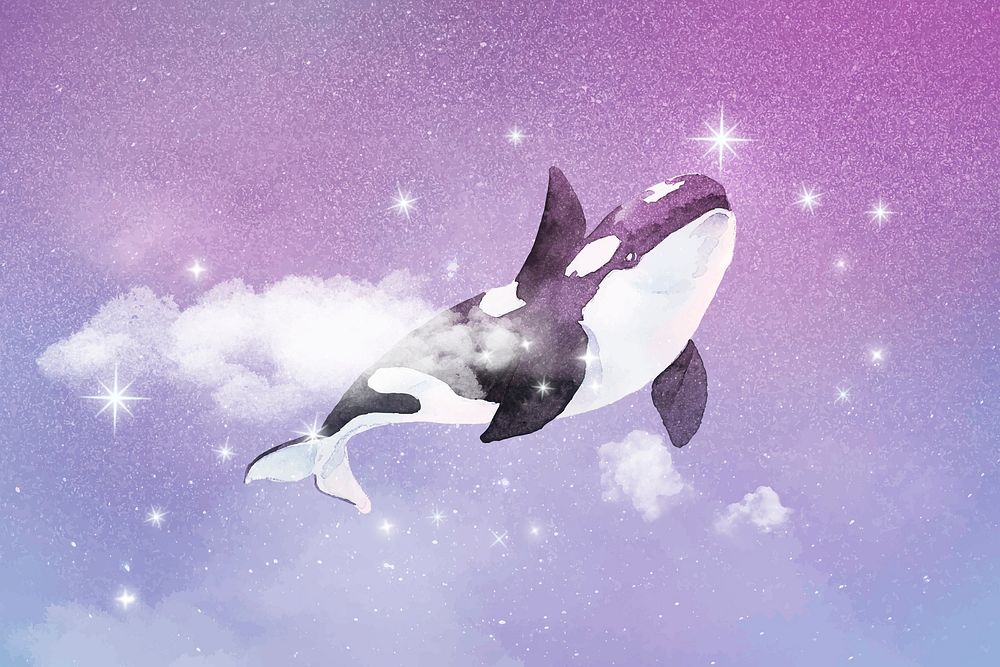 Aesthetic fantasy art background, whale illustration, beautiful sparkling stars design vector