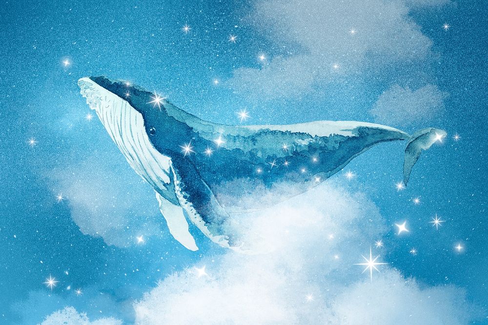 Blue whale background, beautiful fantasy art, glittering stars design psd