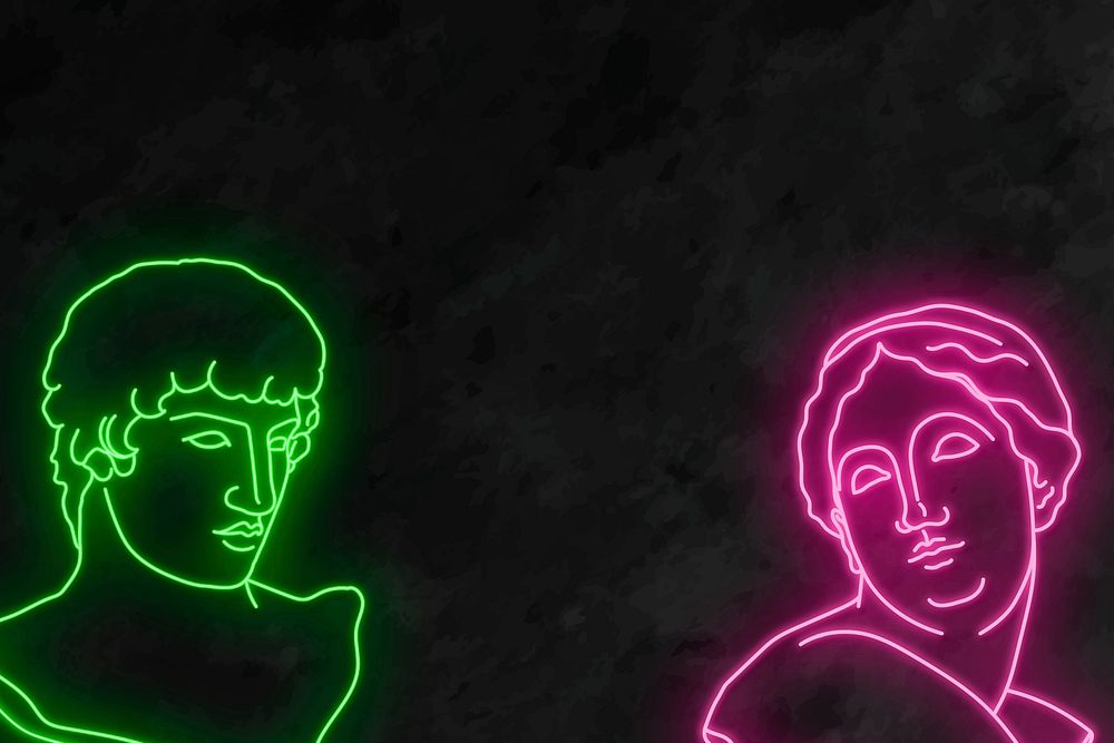 Aesthetic neon background, black background, Greek statue drawing psd