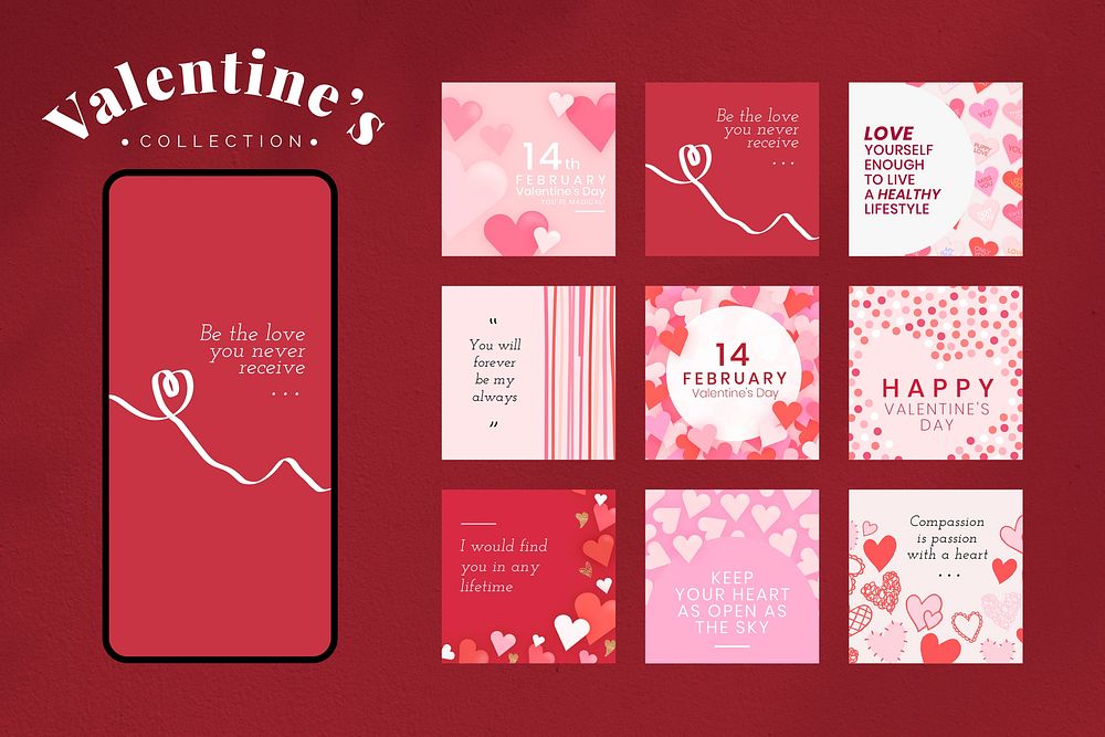 Valentines love template set vector, pink girly theme social media post