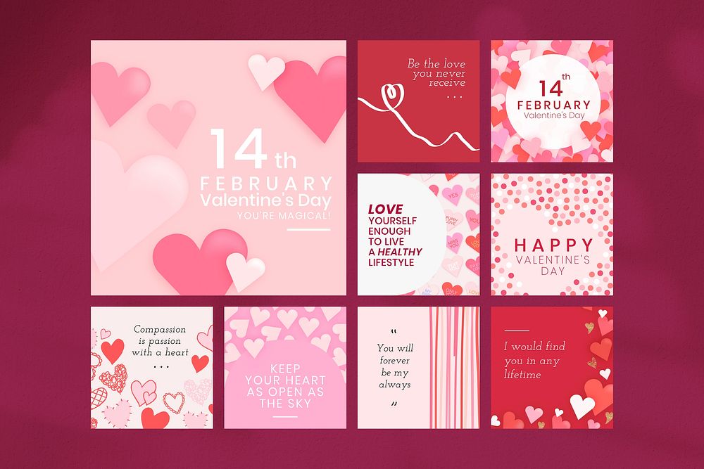 Valentines love template set vector, pink girly theme social media post