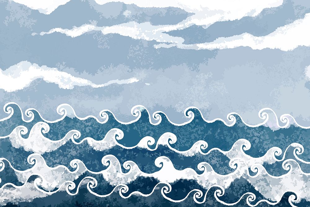 Ocean wave painted background illustration Japanese style vector