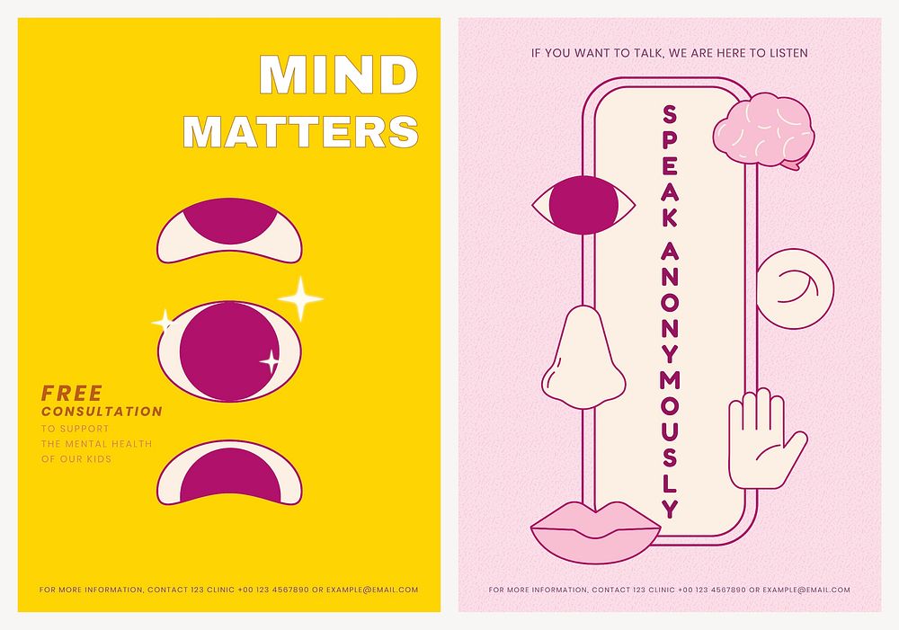 Cute invitation poster template, mental health cartoon design set psd