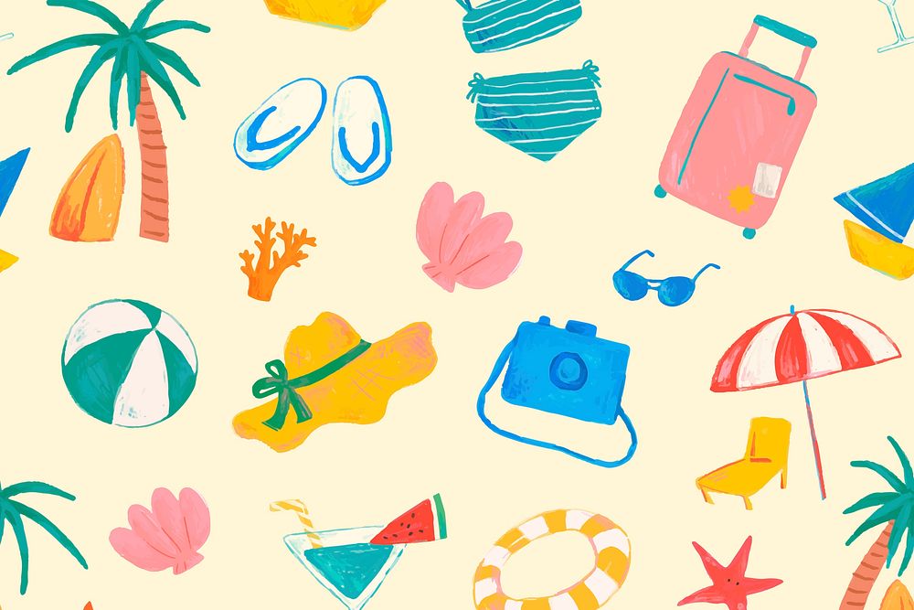 Spring break doodle seamless pattern, yellow background in vector