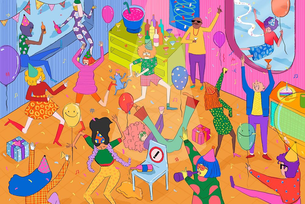 Colorful partying people background, drawing cartoon illustration