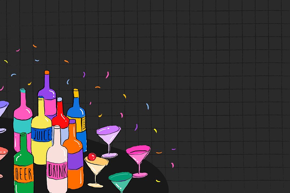 Party drinks border black background, cute drawing illustration vector