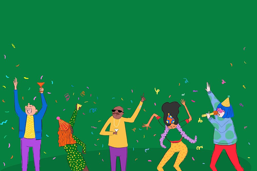 Cute party border green background, dancing cartoons drawing illustration psd