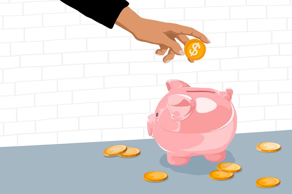 Budgeting finance background, piggy bank with hand vector