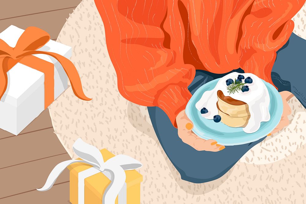 Birthday cake background, held by woman in orange sweater, celebration illustration design psd