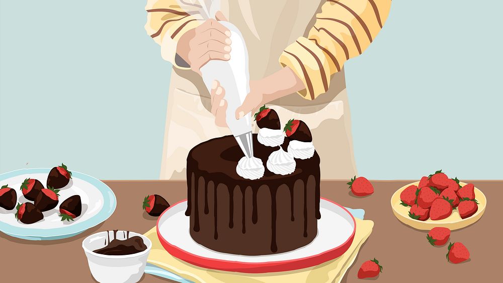 Chocolate cake desktop wallpaper, homemade food illustration design