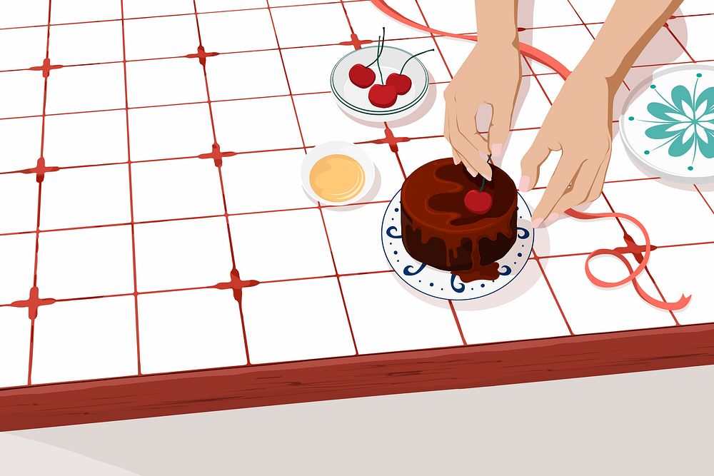 Homemade chocolate cake background, food illustration design psd
