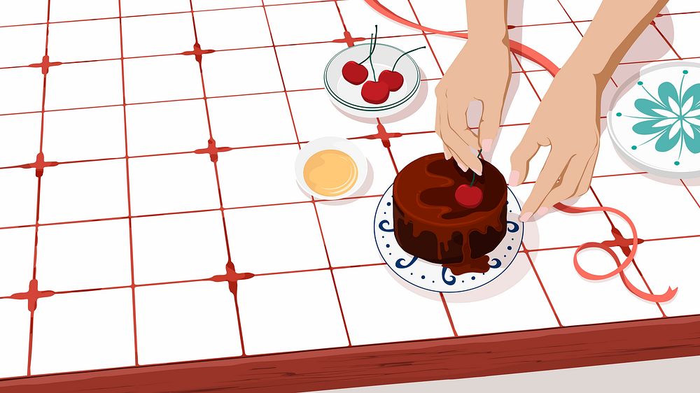 Chocolate cake desktop wallpaper, homemade food illustration design